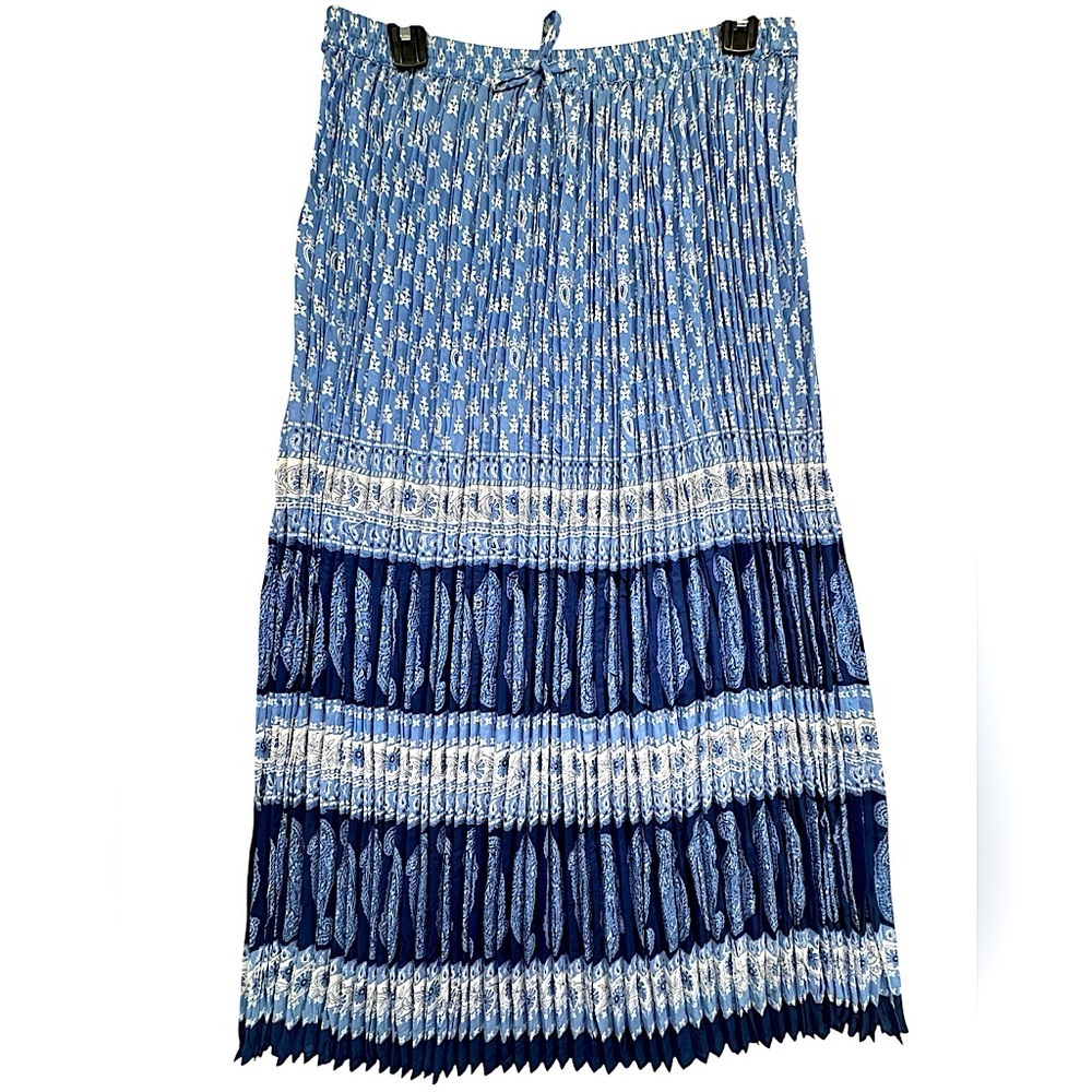 Vintage Y2K Blue Boho Paisley Floral Prairie Maxi Skirt Tiered Chiffon Plisse